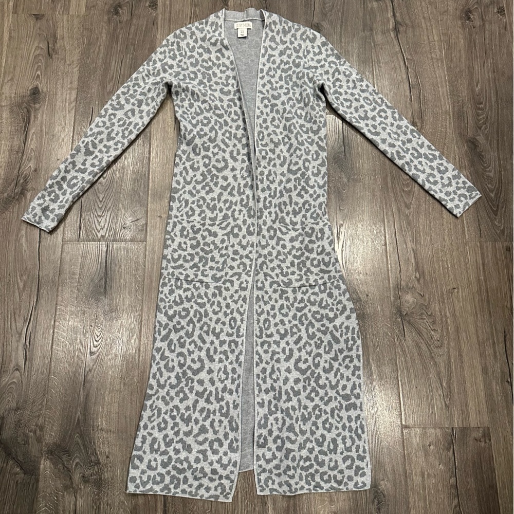 Ruby Moon Duster Cardigan Cotton Long Line Open Front Gray Animal Print Size XS